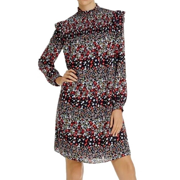 Nanette Lepore Women's Shift Dress Multicolor 2 Floral Ruffle Smocked Mock-Neck - Picture 1 of 9